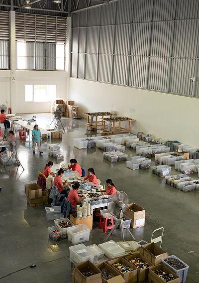 Multi-sorting of LEGO bricks in progress at DD Bricks warehouse, with various boxes being filled